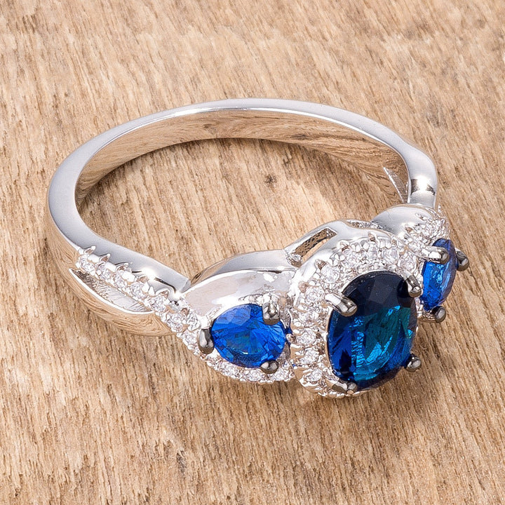 LOVCIA 1.43Ct Sapphire Blue & Clear CZ Three Stone Twisted Shank Rhodium & Hematite Plated Ring