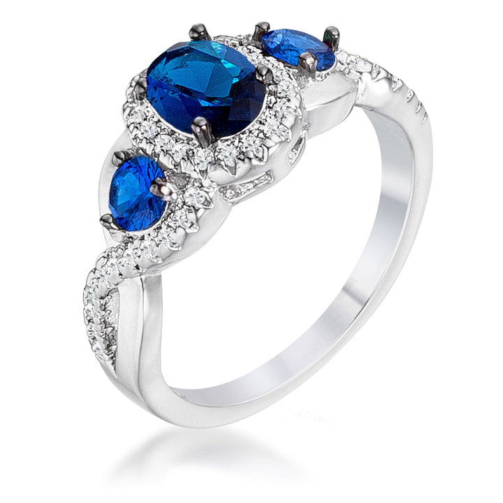 LOVCIA 1.43Ct Sapphire Blue & Clear CZ Three Stone Twisted Shank Rhodium & Hematite Plated Ring