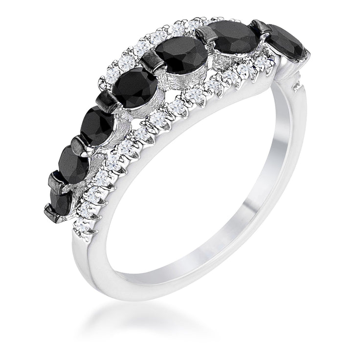 LOVCIA 1.06 Carat Rhodium & Hematite Plated Graduated Black & Clear CZ Round Cut Half Eternity Ring