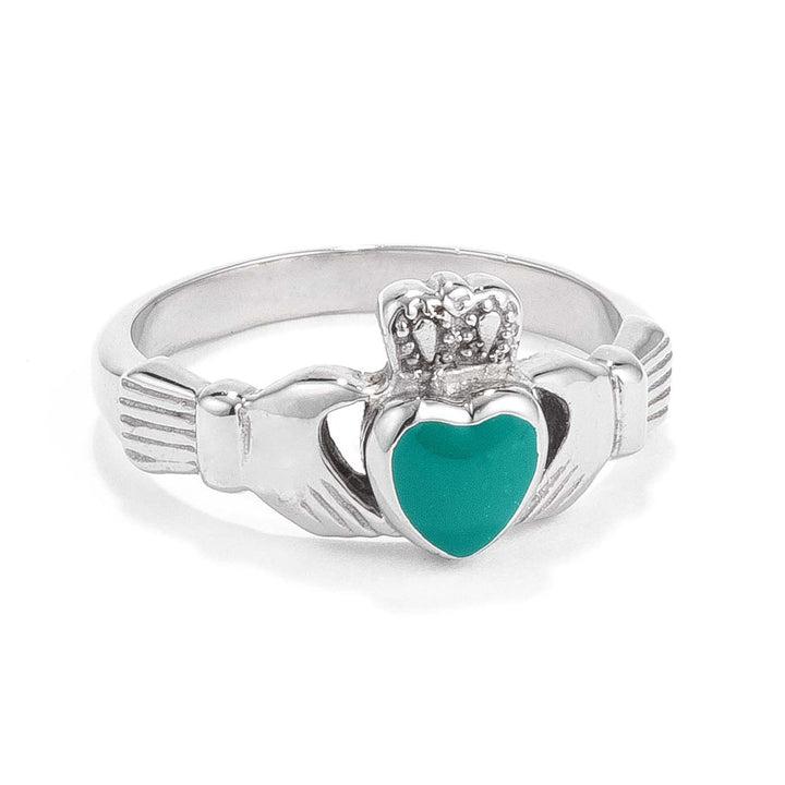 LOVCIA Green Enamel Heart Irish Claddagh Ring in Stainless Steel