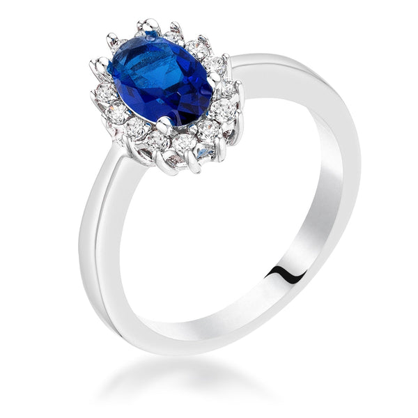 LOVCIA Elegant Sapphire Blue CZ Oval Prong Ring in Silvertone