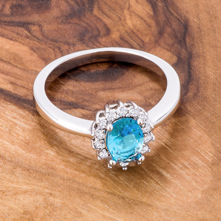 LOVCIA Elegant Aqua Blue Oval CZ Ring in Silvertone