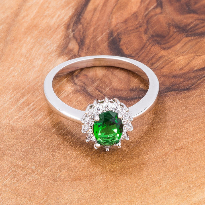 LOVCIA Petite Silvertone Ring with Oval Emerald Green CZ Stone