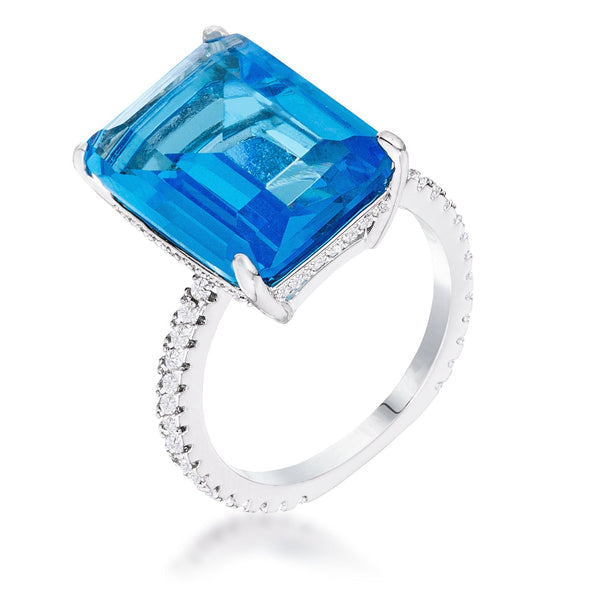 LOVCIA Rhodium Plated Aqua Blue Emerald Cut Ring with Pave Band