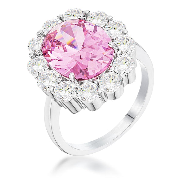 LOVCIA Rhodium Plated Oval Pink Blossom Ring with Clear Accents