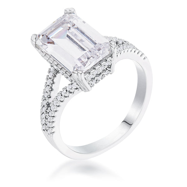 LOVCIA Timeless Wishbone Emerald Cut Rhodium Plated Engagement Ring