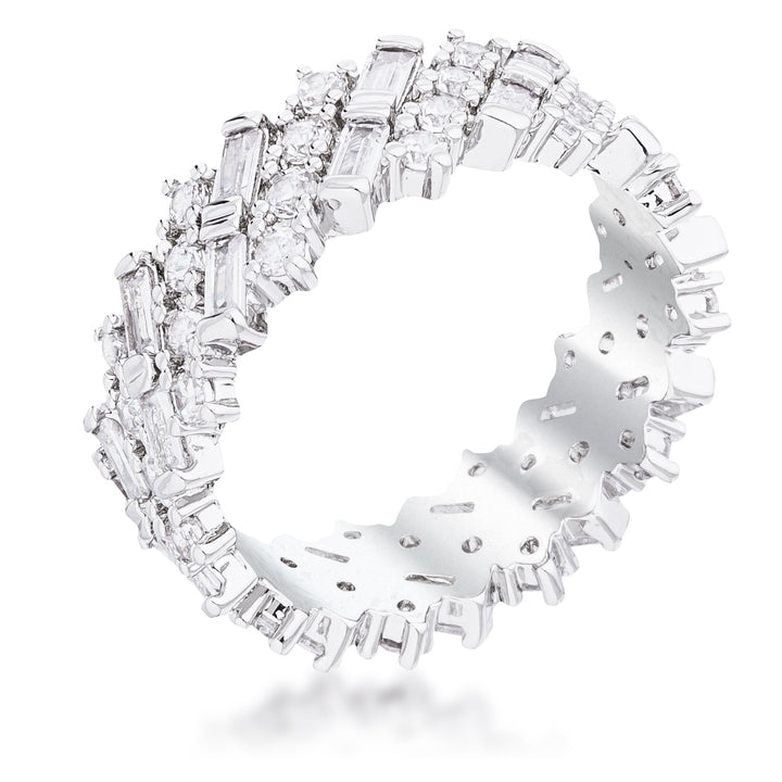 LOVCIA Rhodium Plated Eternity Band with Alternating Baguette and Round CZ Stones