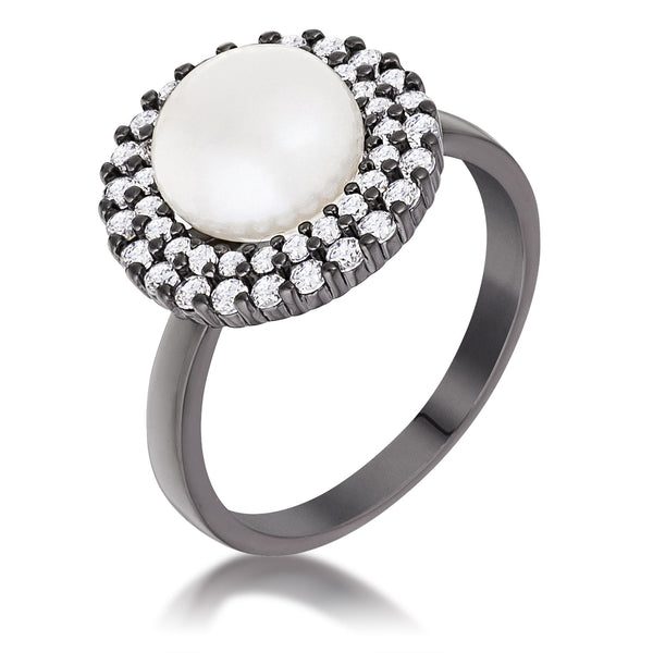 LOVCIA Ethereal Pearl Halo Cocktail Ring with Hematite Finish