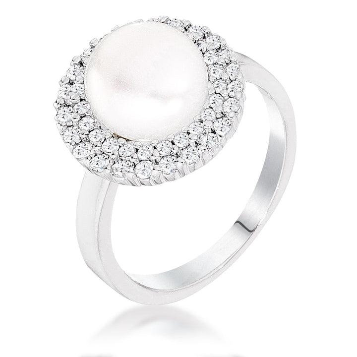 LOVCIA Ethereal Pearl Cocktail Ring with Double Halo and Rhodium Finish