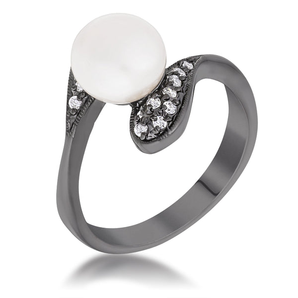 LOVCIA Interlocking Hematite and Pearl Double Teardrop CZ Ring