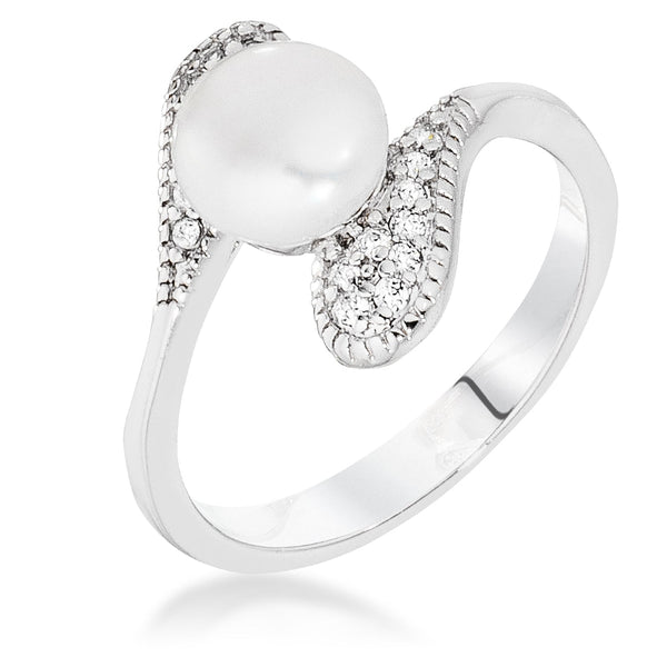 LOVCIA Elegant Rhodium Double Teardrop Pearl Ring with CZ Accents