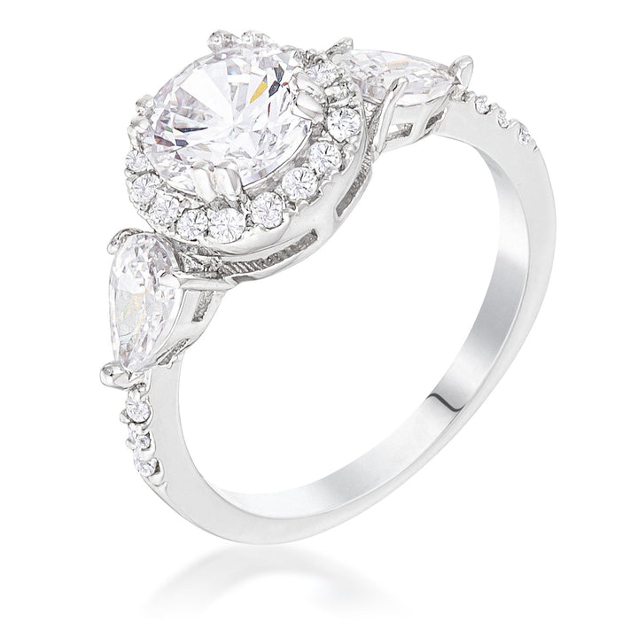 LOVCIA Rhodium Plated Halo Pear and Round CZ 3-Stone Engagement Ring