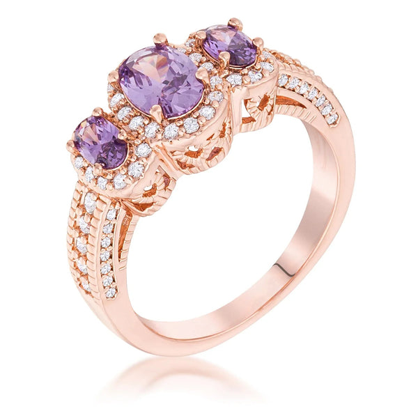 LOVCIA Rose Goldtone 3-Stone Oval Amethyst Halo Engagement Ring