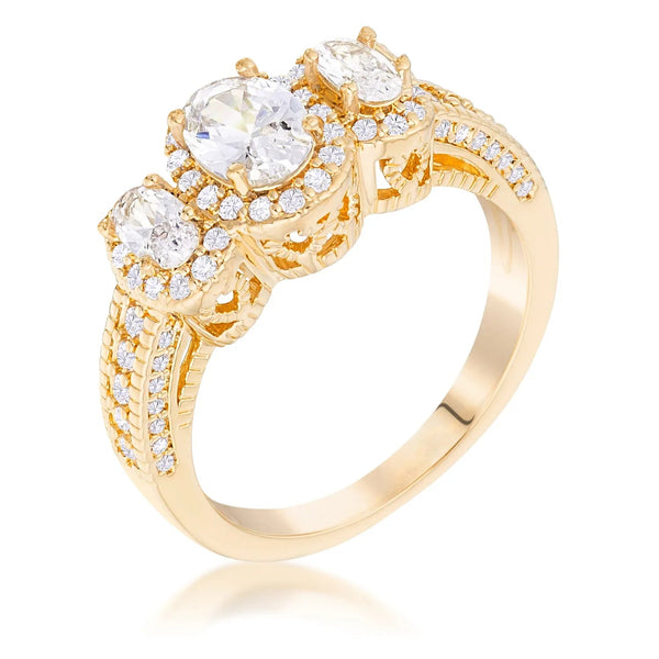 LOVCIA Gold Plated Oval Cut CZ Halo Engagement Ring with 3 Stones