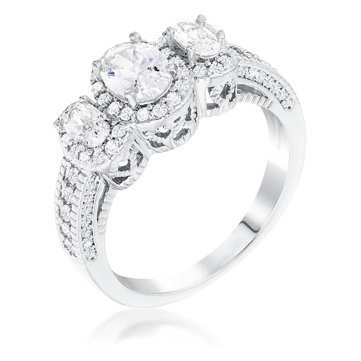 LOVCIA Elegant Rhodium Plated 3-Stone Oval Cut CZ Halo Engagement Ring