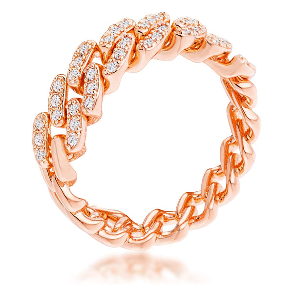 LOVCIA Elegant Rose Goldtone Chain Ring with Clear CZ Round Cut Stones