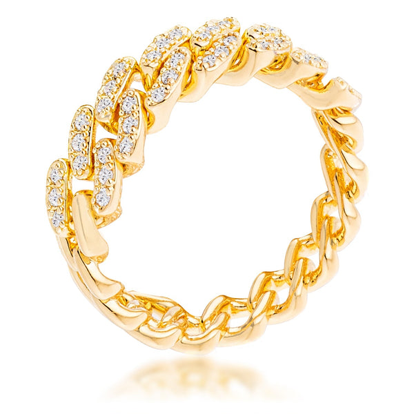 LOVCIA Elegant Gold Plated Flexible Chain Ring with Clear CZ Round Cut Stones