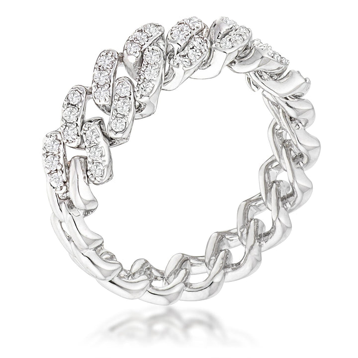 LOVCIA Rhodium-Plated Chain Ring with Clear CZ Round Cut Stones