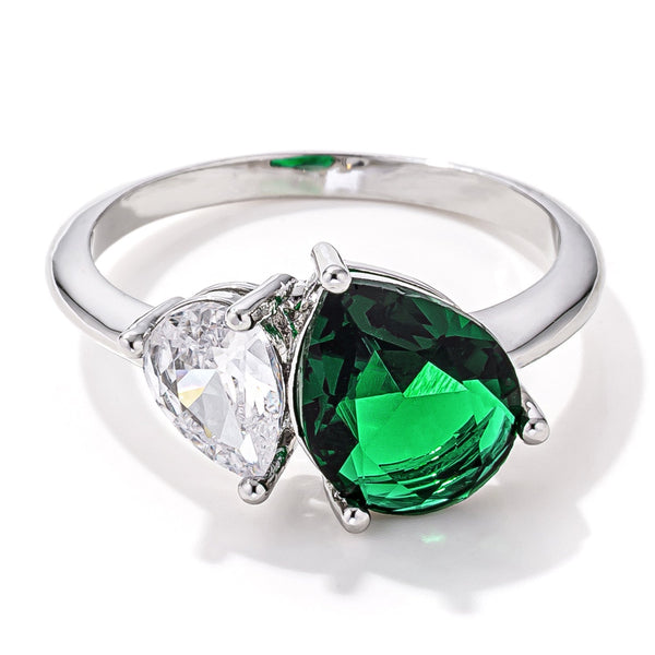 LOVCIA Elegant Clear and Emerald Green CZ Toi et Moi Dual Stone Ring - 2.75ct