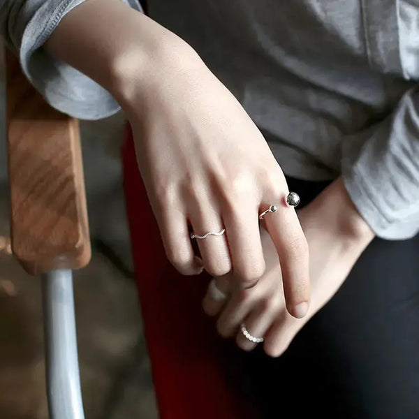 Lovcia Fashion Simple Double Beads 925 Sterling Silver Adjustable Ring-Rings-Rhodium-Rhodium