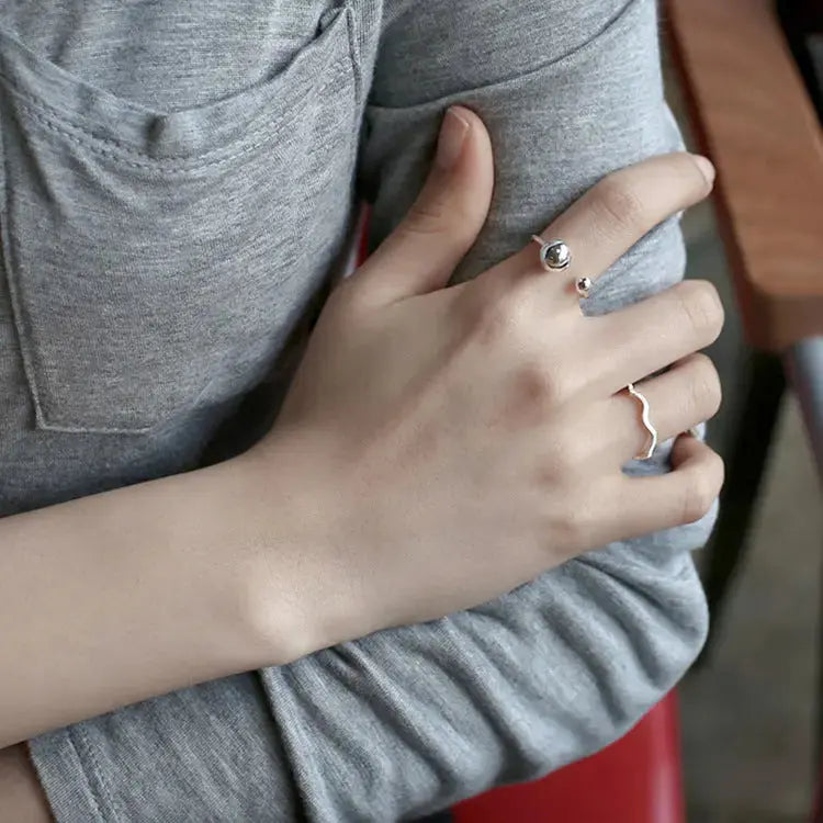 Lovcia Fashion Simple Double Beads 925 Sterling Silver Adjustable Ring-Rings-Rhodium-Rhodium