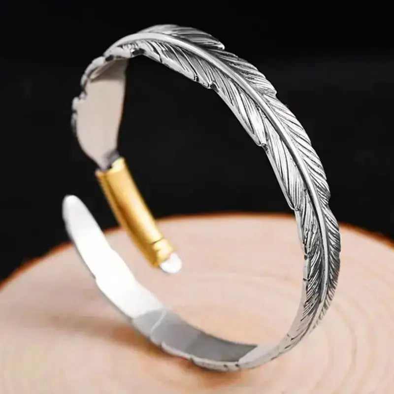 Lovcia Feather Cuff Bracelet with Silver & Gold Plating for Men - Unique Handcrafted Bangle-Bracelets-Silver-Silver