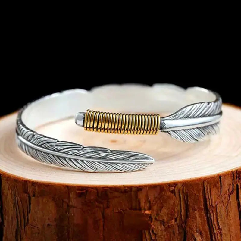 Lovcia Feather Cuff Bracelet with Silver & Gold Plating for Men - Unique Handcrafted Bangle-Bracelets-Silver-Silver