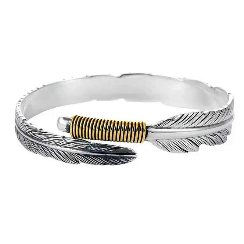 Lovcia Feather Cuff Bracelet with Silver & Gold Plating for Men - Unique Handcrafted Bangle-Bracelets-Silver-Silver