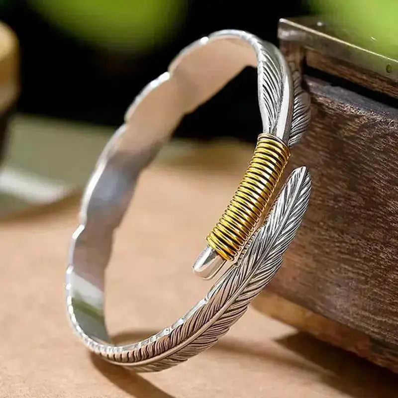 Lovcia Feather Cuff Bracelet with Silver & Gold Plating for Men - Unique Handcrafted Bangle-Bracelets-Silver-Silver