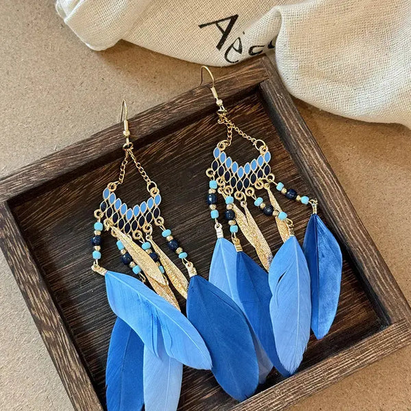 Lovcia Feathered Alloy and Rice Bead Drop Earrings for Women-Earrings-Blue-One Size-Blue