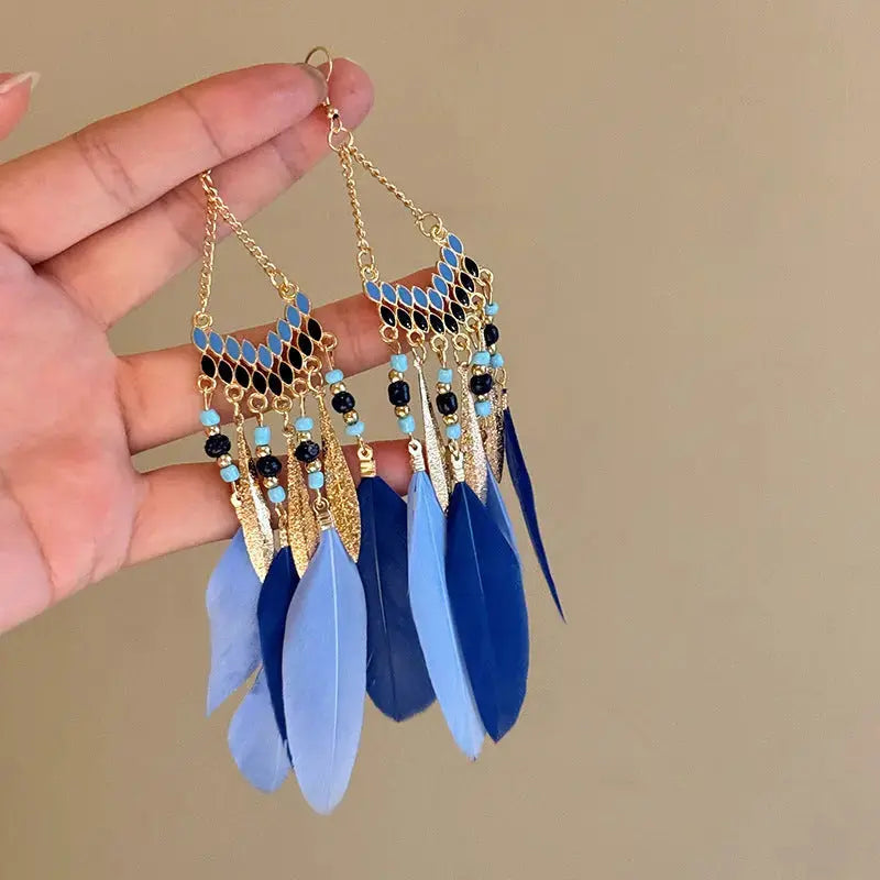 Lovcia Feathered Alloy and Rice Bead Drop Earrings for Women-Earrings-Blue-One Size-Blue