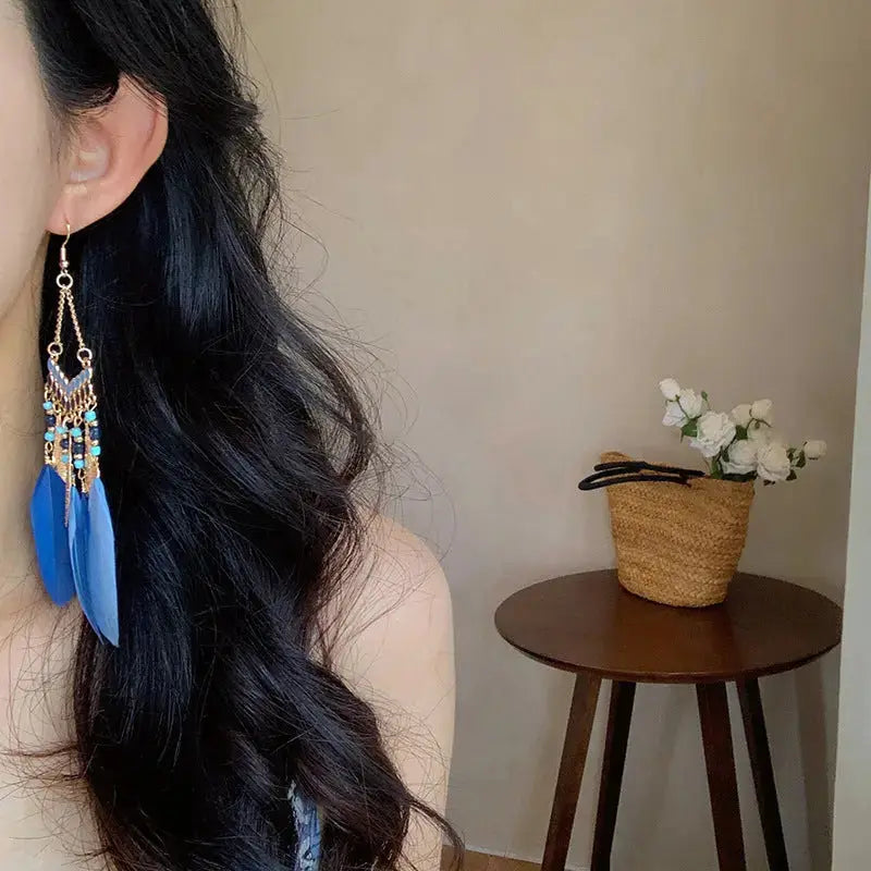 Lovcia Feathered Alloy and Rice Bead Drop Earrings for Women-Earrings-Blue-One Size-Blue