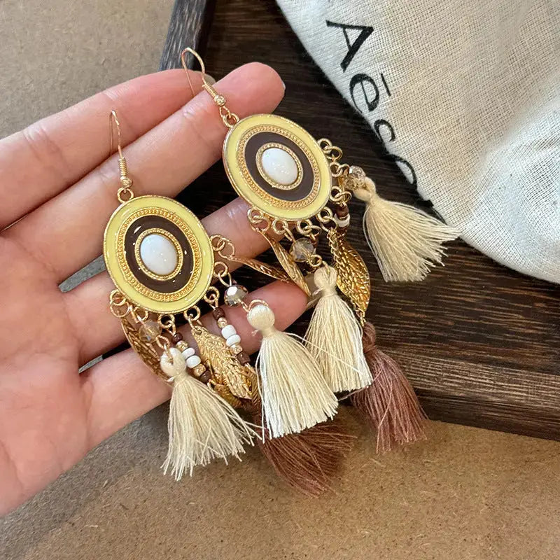 Lovcia Feathered Alloy and Rice Bead Drop Earrings for Women-Earrings-Blue-One Size-Blue