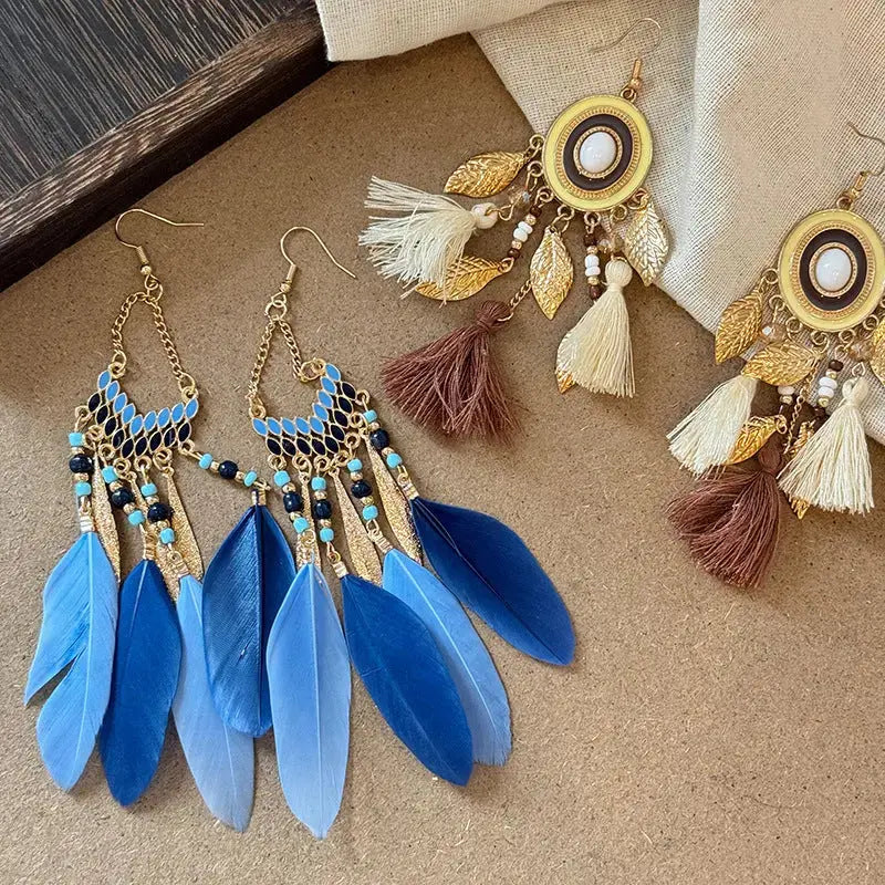 Lovcia Feathered Alloy and Rice Bead Drop Earrings for Women-Earrings-Blue-One Size-Blue