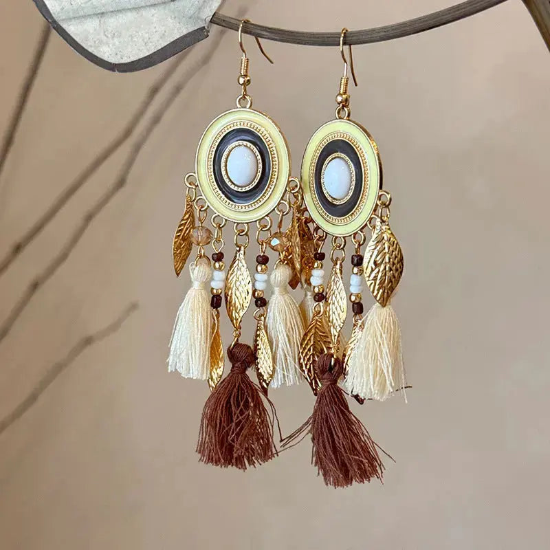 Lovcia Feathered Alloy and Rice Bead Drop Earrings for Women-Earrings-Brown-One Size-Brown