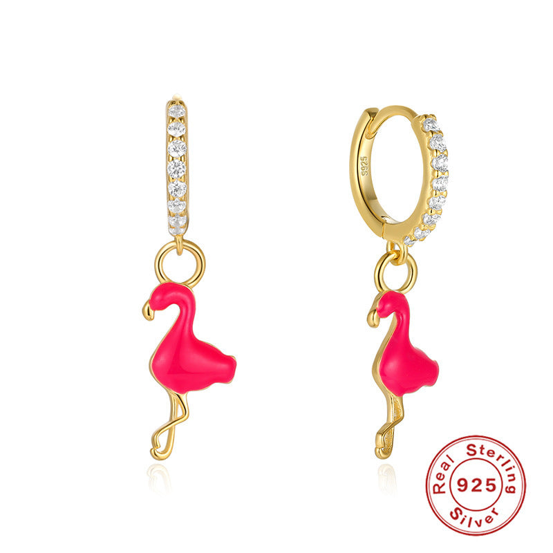 Lovcia Flamingo Charm Gold-Plated Sterling Silver Huggie Earrings for Women-Earrings-Pink-Pink