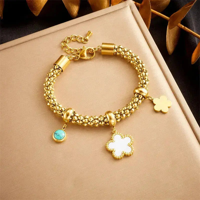Lovcia Floral Charm Turquoise Gold Plated Stainless Steel Bracelet for Women-Bracelets-Gold-Gold