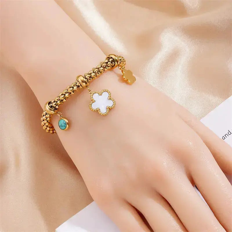 Lovcia Floral Charm Turquoise Gold Plated Stainless Steel Bracelet for Women-Bracelets-Gold-Gold