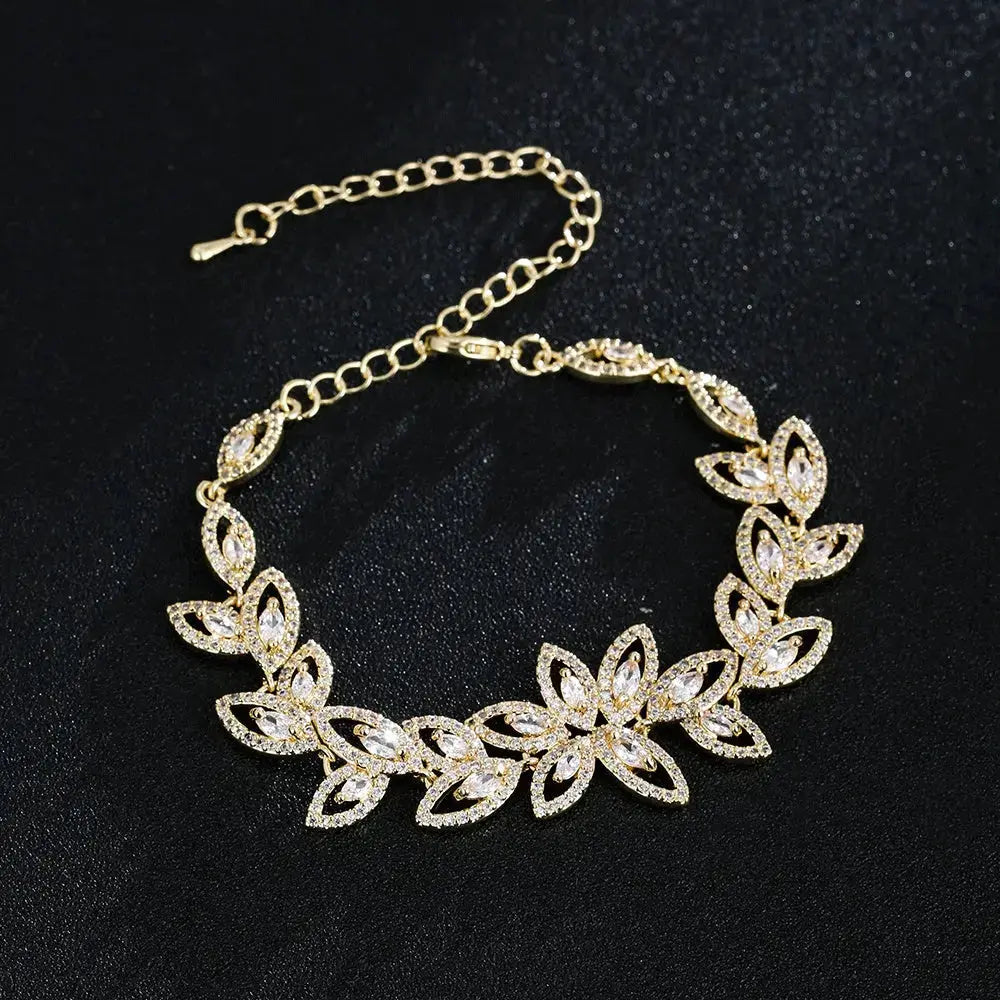 Lovcia Floral Elegance CZ Crystal Flower Bracelet For Women-Bracelets-Gold-Gold