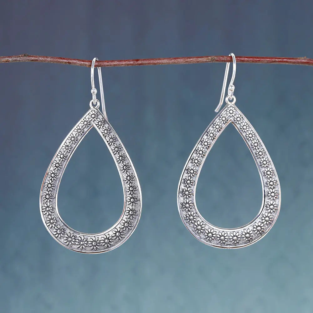 Lovcia Floral Pattern Elegant Sterling Silver Water Drop Earrings for Women-Earrings-Eardrops-925 Silver-Eardrops