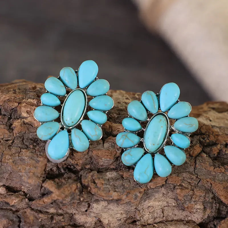 Lovcia Flower Shape Artificial Turquoise Earrings-Earrings-Silver-One Size-Silver