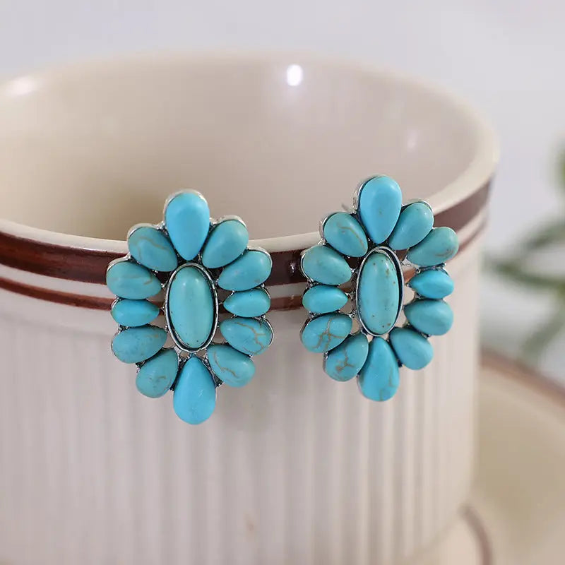 Lovcia Flower Shape Artificial Turquoise Earrings-Earrings-Silver-One Size-Silver