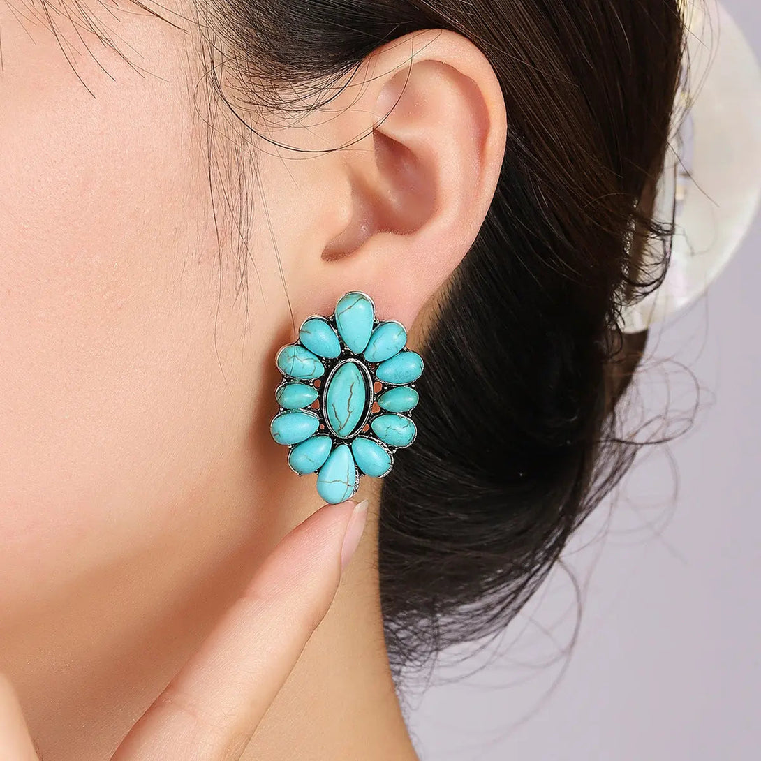 Lovcia Flower Shape Artificial Turquoise Earrings-Earrings-Silver-One Size-Silver