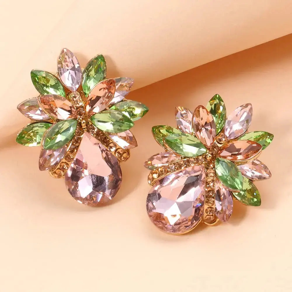 Lovcia Flower Shape Glass Stone Stud Earrings-Earrings-Black-One Size-Black