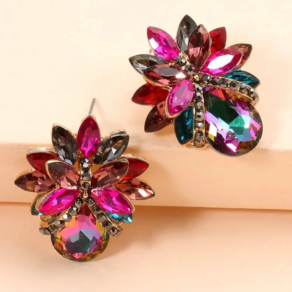 Lovcia Flower Shape Glass Stone Stud Earrings-Earrings-Black-One Size-Black