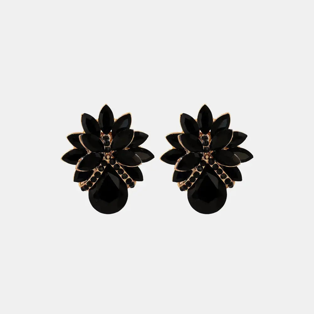 Lovcia Flower Shape Glass Stone Stud Earrings-Earrings-Black-One Size-Black
