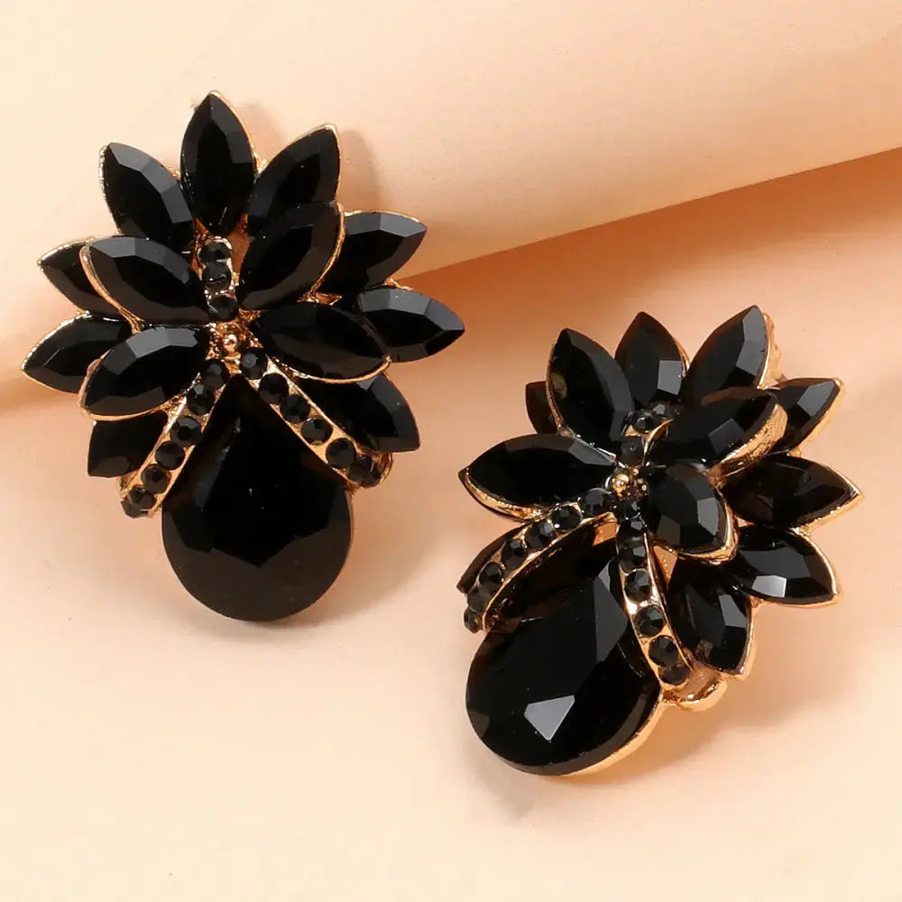 Lovcia Flower Shape Glass Stone Stud Earrings-Earrings-Black-One Size-Black