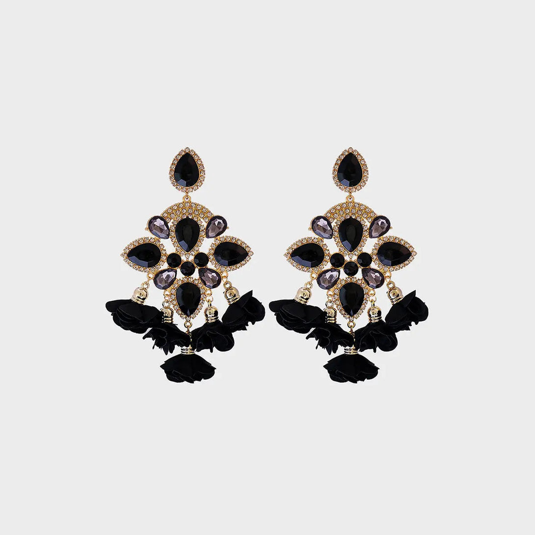 Lovcia Flower Shape Rhinestone Alloy Dangle Earrings-Earrings-Black-One Size-Black