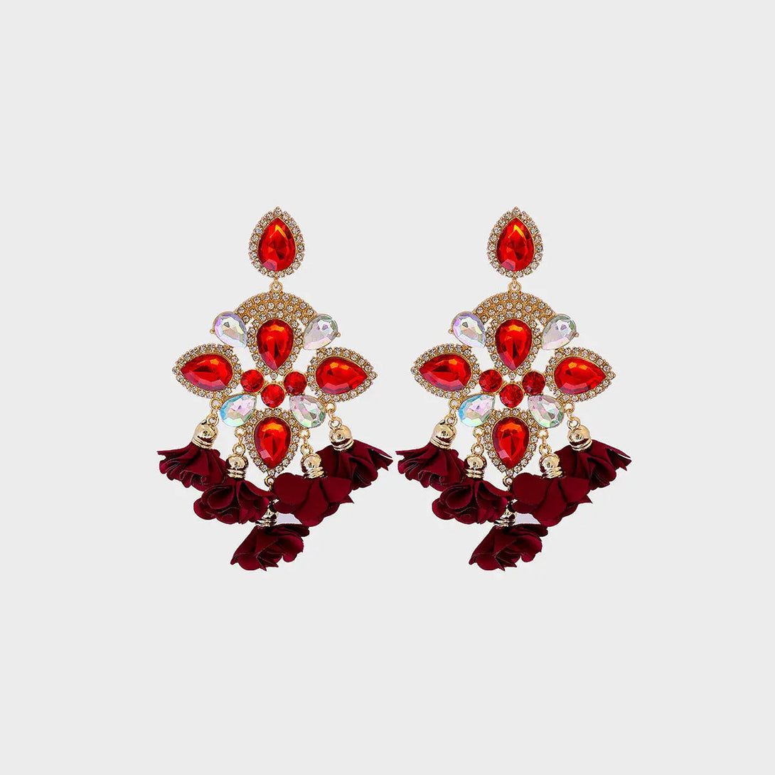 Lovcia Flower Shape Rhinestone Alloy Dangle Earrings-Earrings-Deep Red-One Size-Deep Red