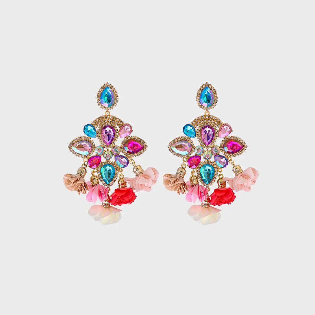 Lovcia Flower Shape Rhinestone Alloy Dangle Earrings-Earrings-Deep Rose-One Size-Deep Rose